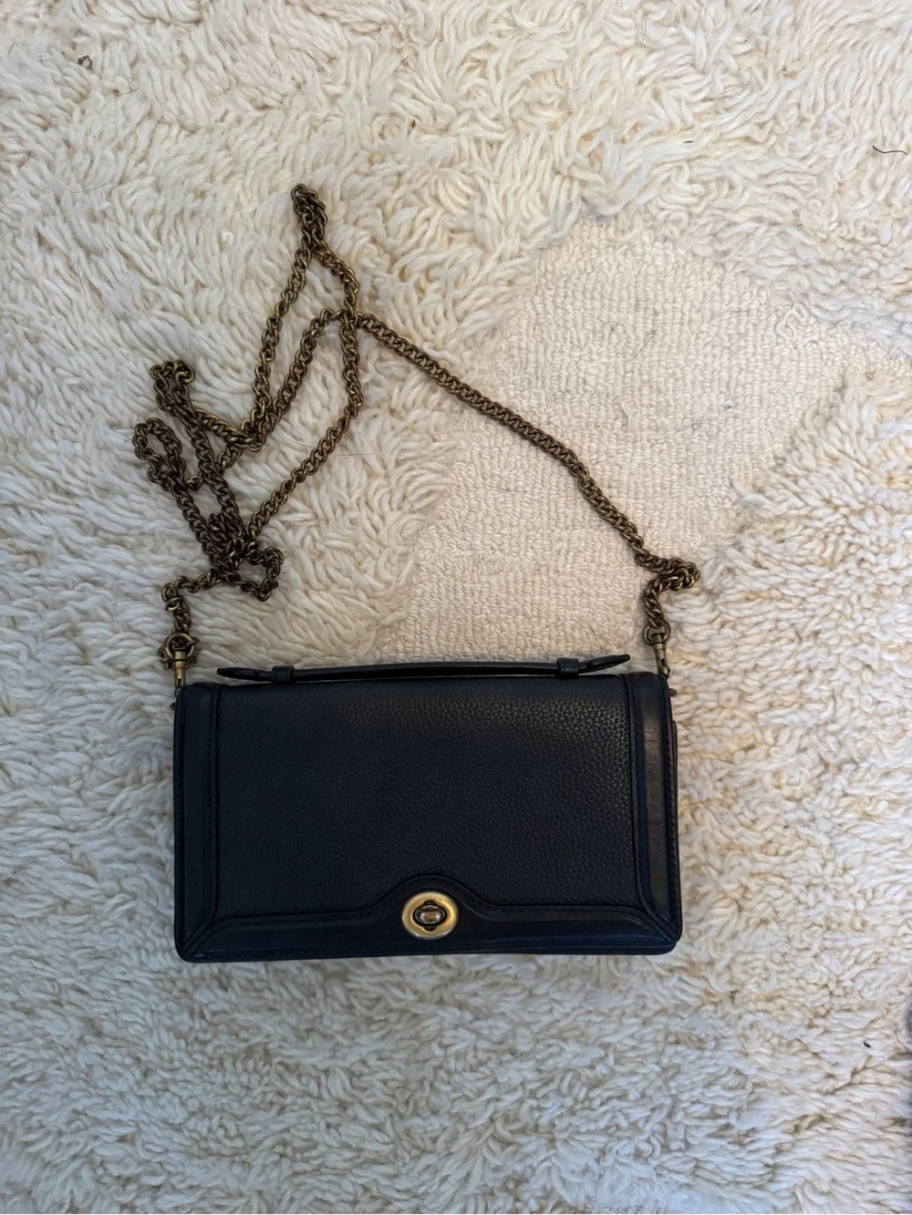 Coach Black Pebbled Leather Crossbody with Gold Turnlock Accent